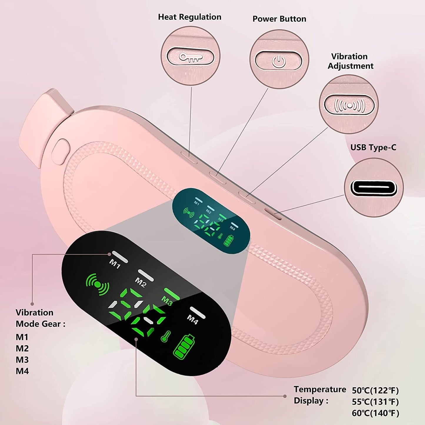 Portable Cordless Heating Pad for Menstrual Cramps Relief, Heating Pad for Stomach, 3-Speed Temperature Adjustment and 4-Speed Massage Modes Massager